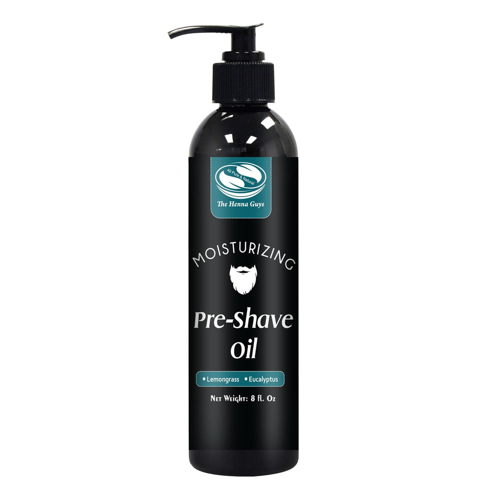 The Henna Guys pre-shave oil bottle with an easy pour cap for smooth shaving.