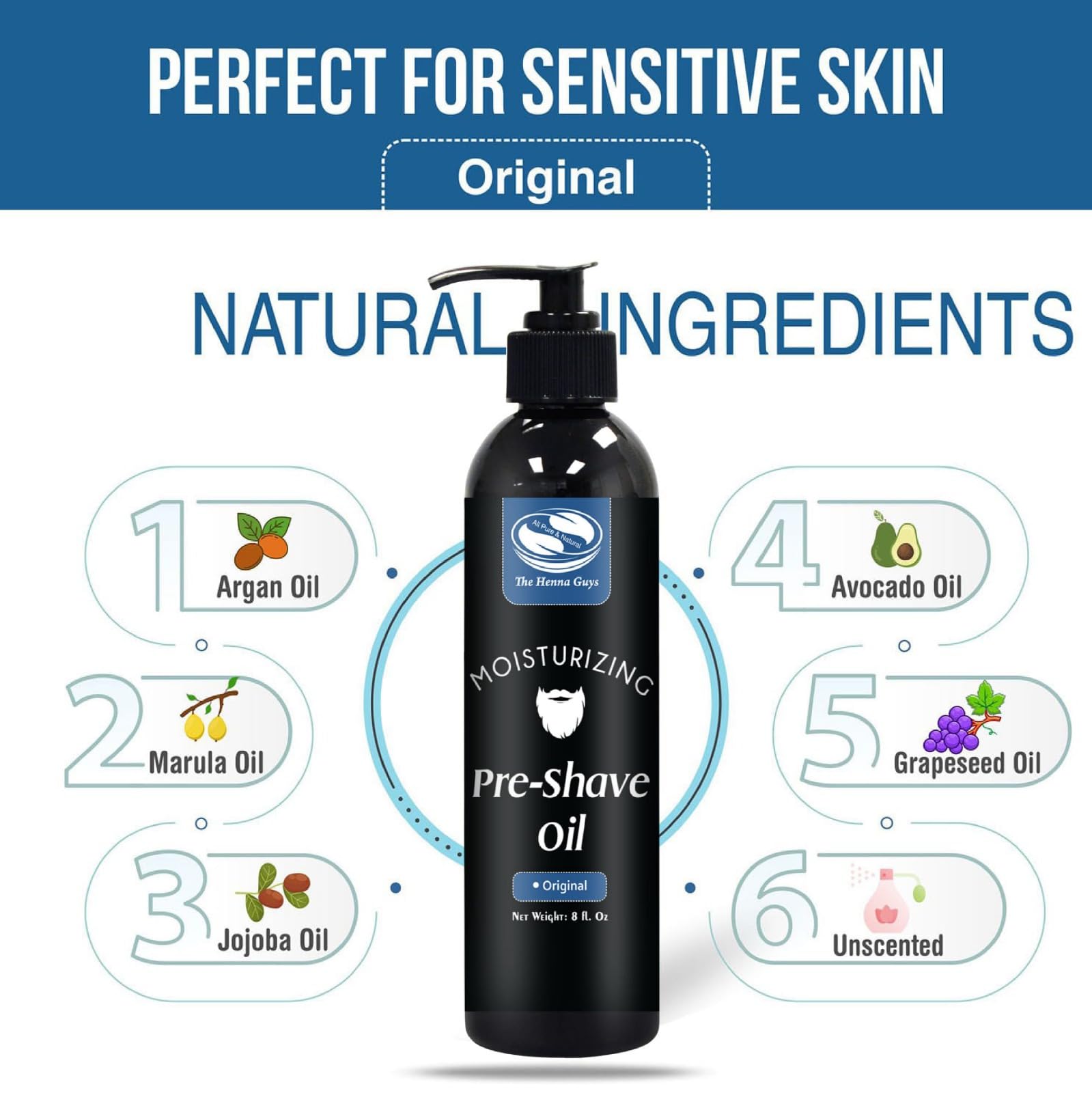 The Henna Guys pre-shave oil in hand for easy glide during shaving.