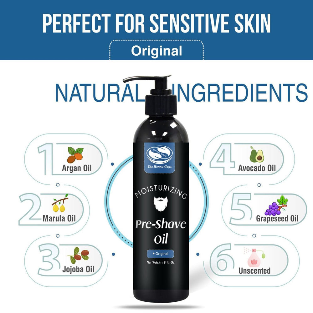 The Henna Guys pre-shave oil in hand for easy glide during shaving.