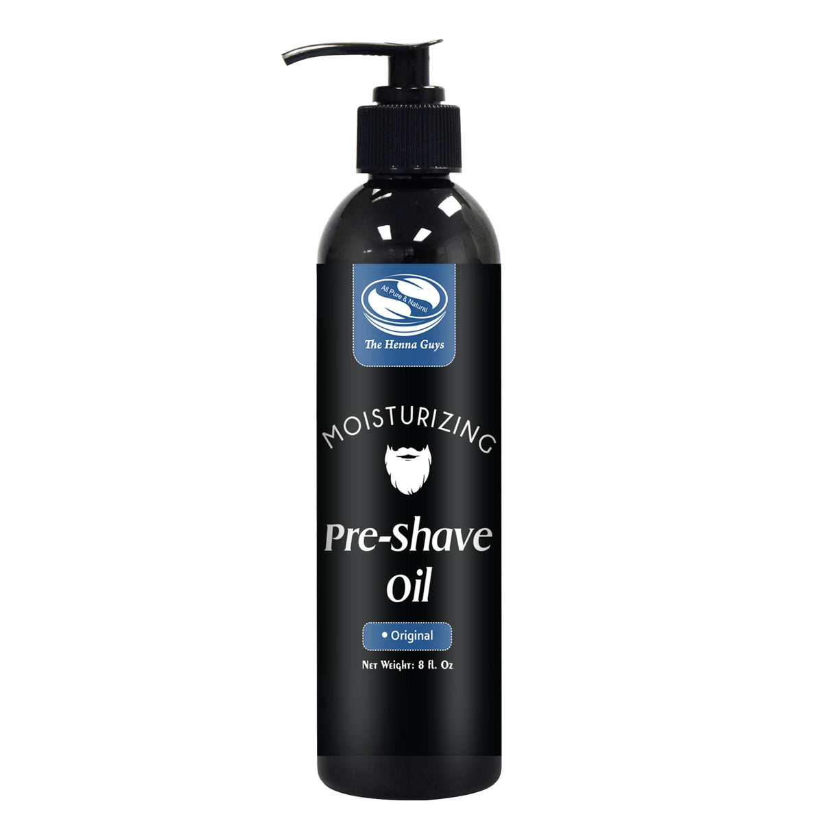 The Henna Guys unscented pre-shave oil bottle for 8oz application, ready for use with a razor.