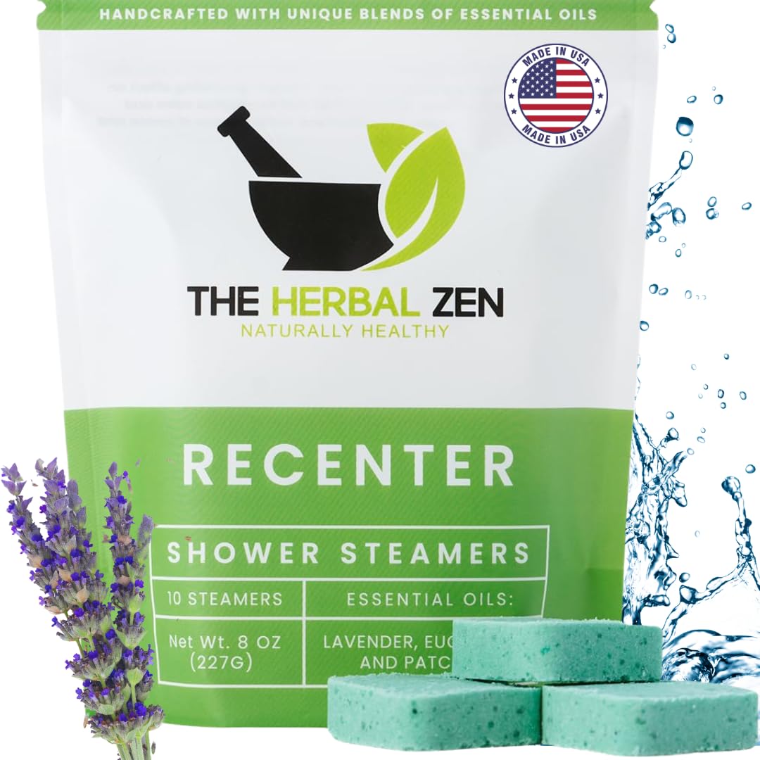 The Herbal Zen Recenter lavender and eucalyptus shower steamer pack ready for use.
