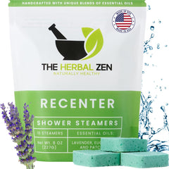 The Herbal Zen Recenter lavender and eucalyptus shower steamer pack ready for use.