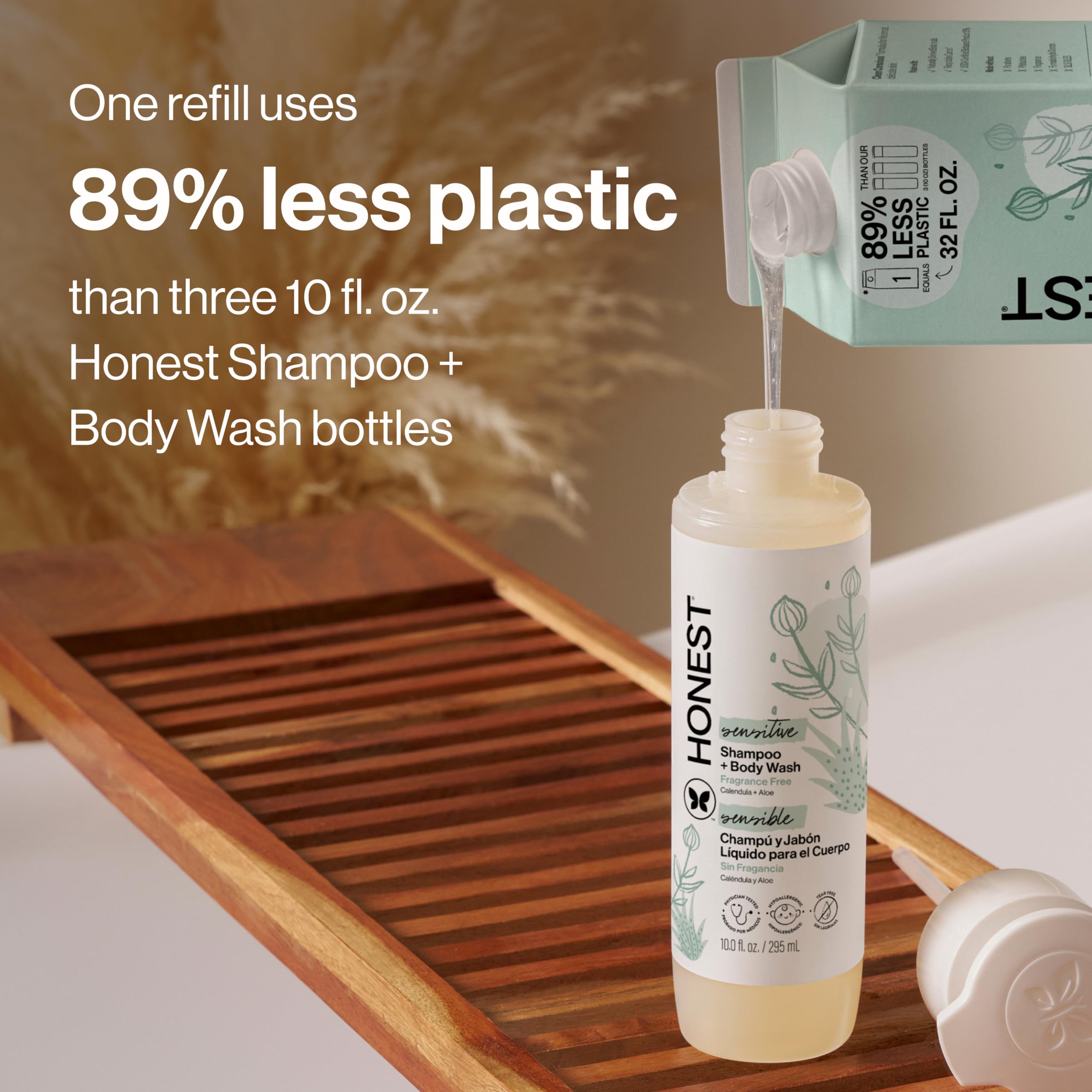 Lather-rich foam from The Honest Company 2-in-1 shampoo bottle creates a gentle cleanse.