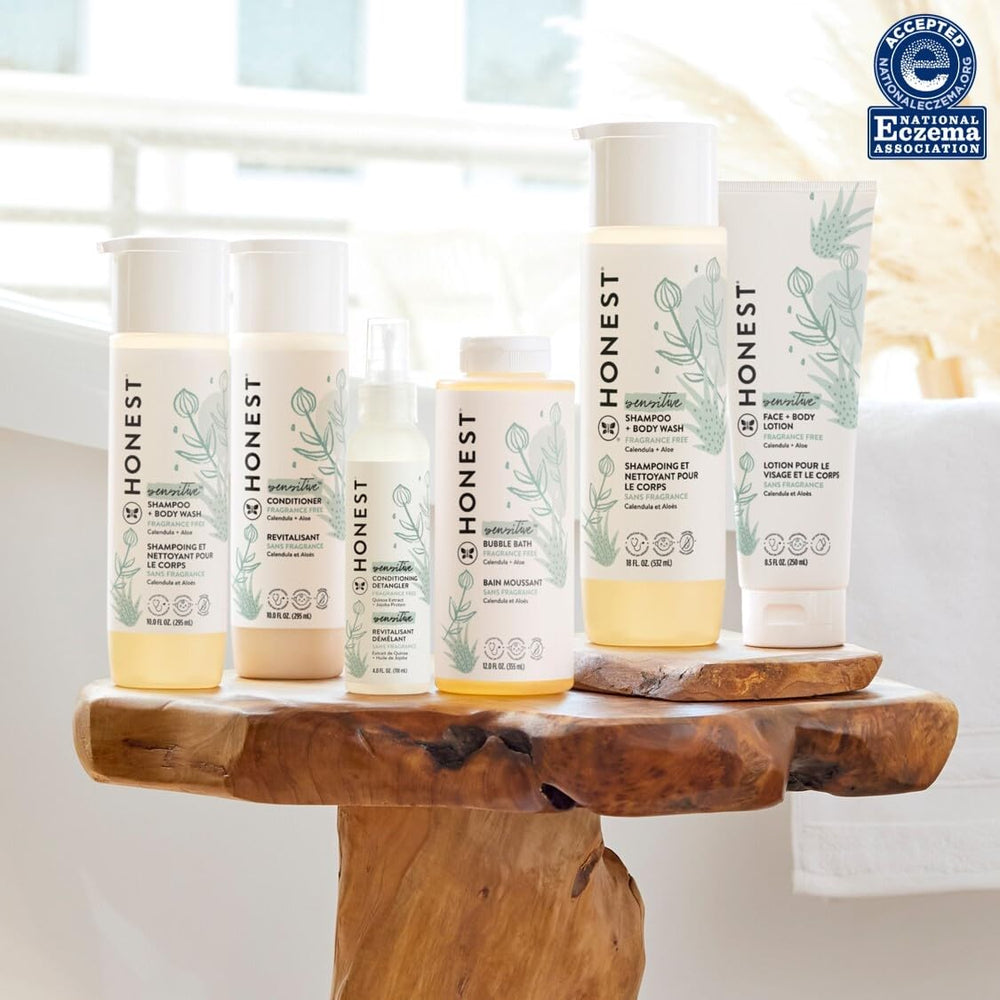 The Honest Company fragrance-free label emphasizes a gentle, hypoallergenic formula.