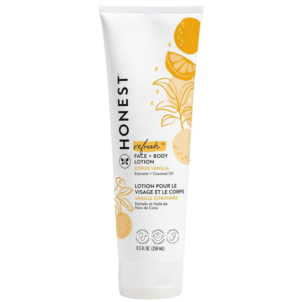 The Honest Company Hydrating Face and Body Lotion bottle shows a non-greasy finish.