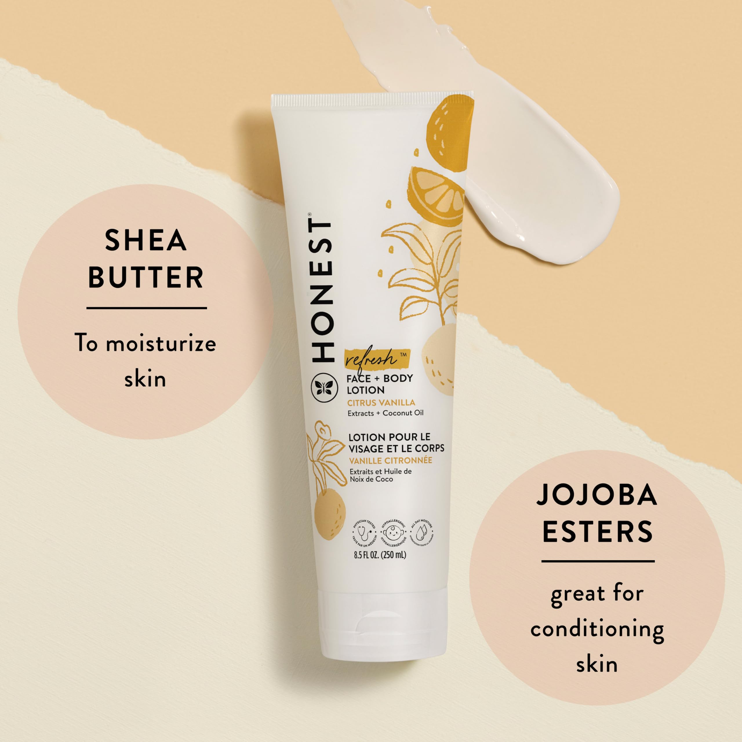 The Honest Company Hydrating Face and Body Lotion label highlights clean ingredients.