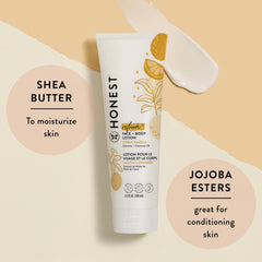 The Honest Company Hydrating Face and Body Lotion label highlights clean ingredients.