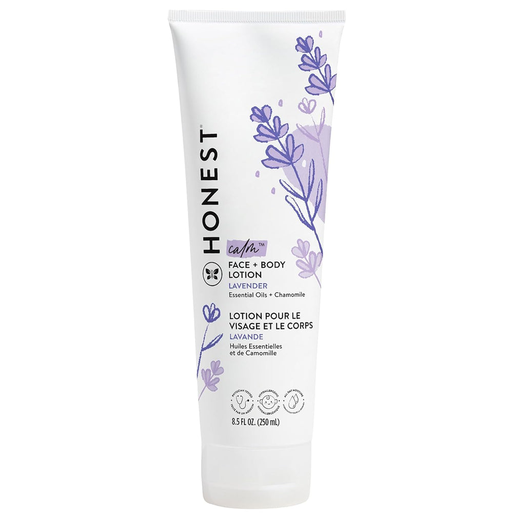 The Honest Company Hydrating Lotion Lavender Calm bottle showing fast-absorbing moisture for daily care