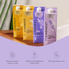 The Honest Company Lavender Calm scent with essential oils for a relaxing bath.