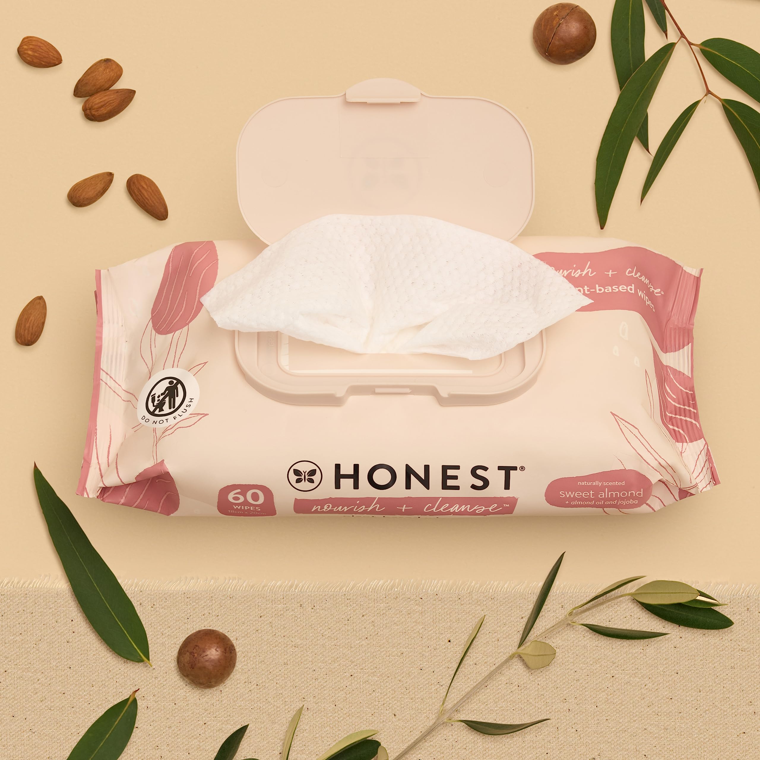 The Honest Company Nourish and Cleanse wipes bottle highlighting 99% water content.