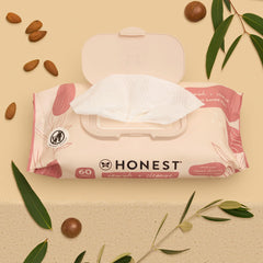 The Honest Company Nourish and Cleanse wipes bottle highlighting 99% water content.