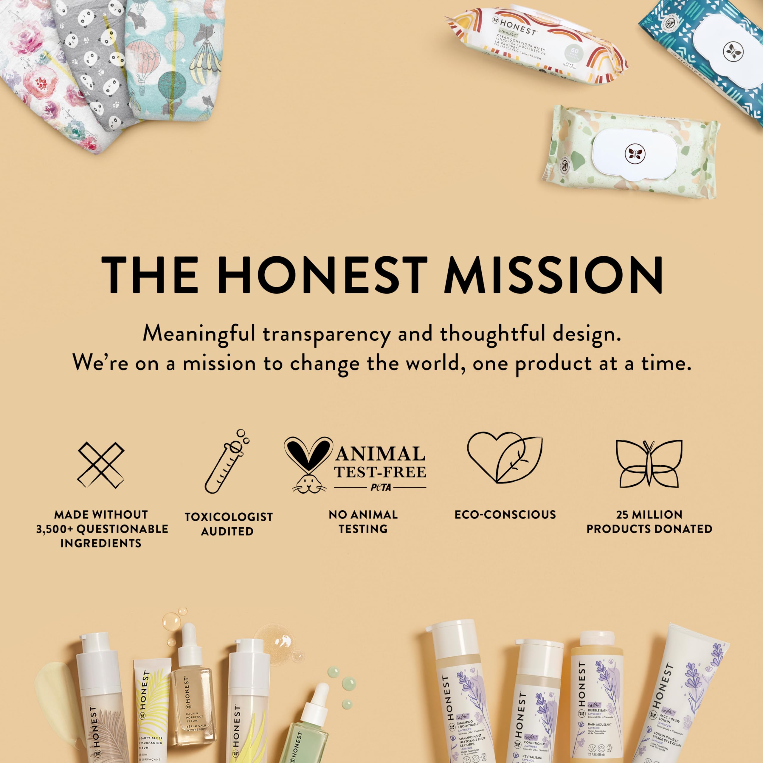 The Honest Company packaging shows hypoallergenic and dermatologist tested credentials.