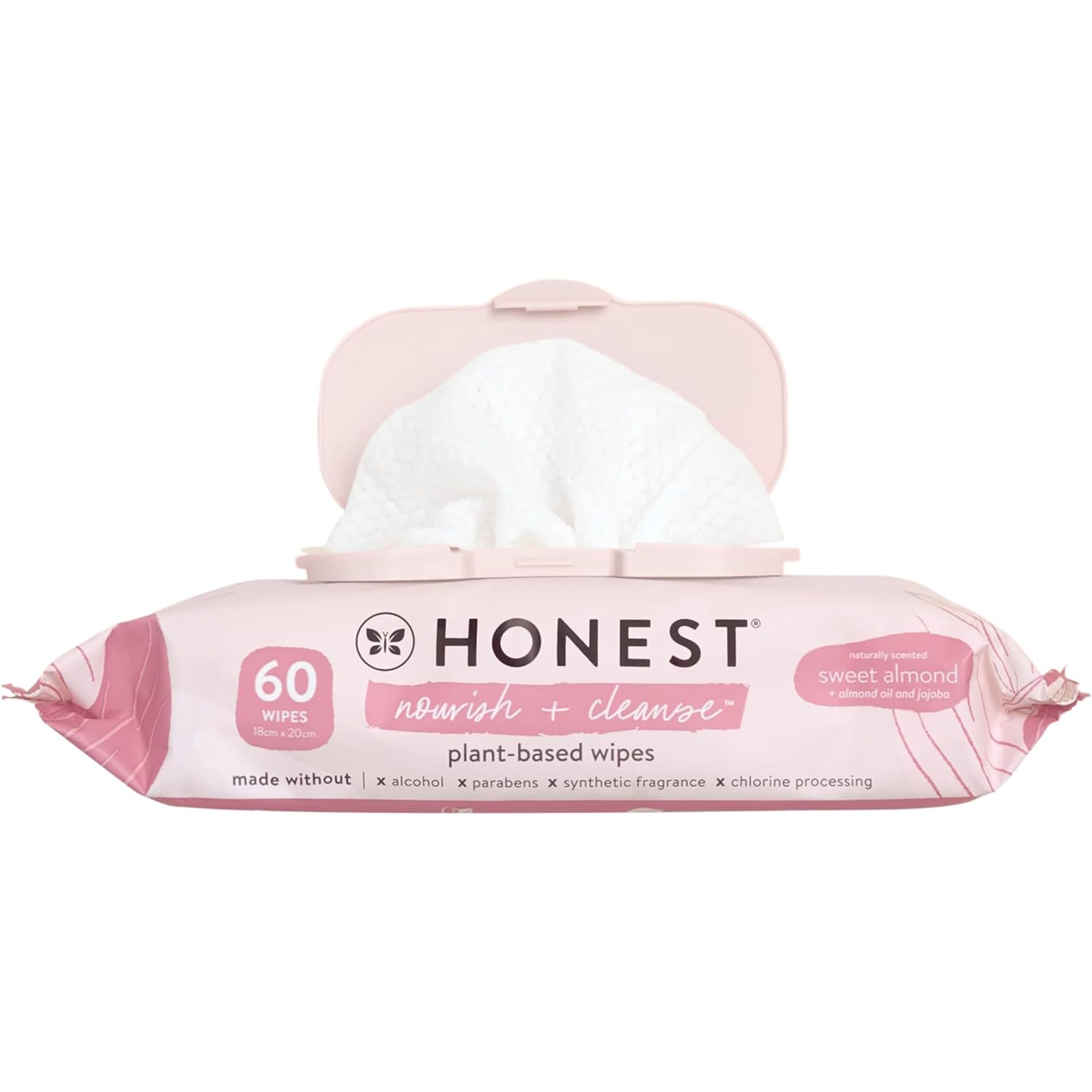 The Honest Company Nourish and Cleanse wipes packaging close-up with plant-based formula.