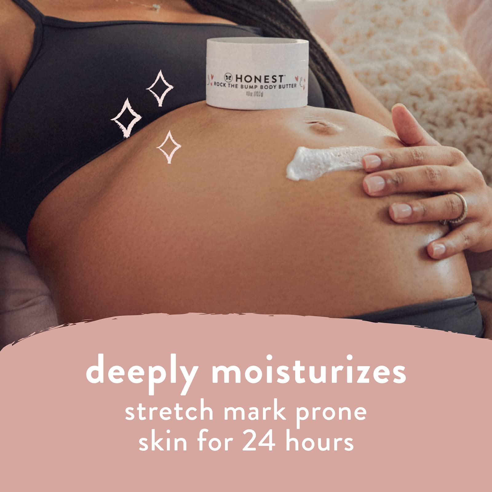 The Honest Company Mama Rock Bump crema, textura cremosa para piel sensible durante el embarazo.