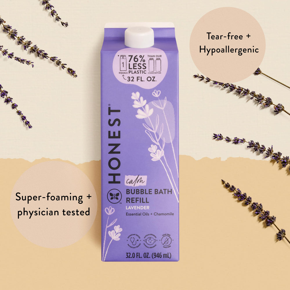 The Honest Company super foaming bubble bath shown for luxurious gentle bathtime.