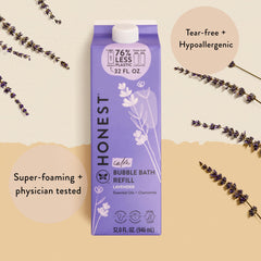 The Honest Company super foaming bubble bath shown for luxurious gentle bathtime.