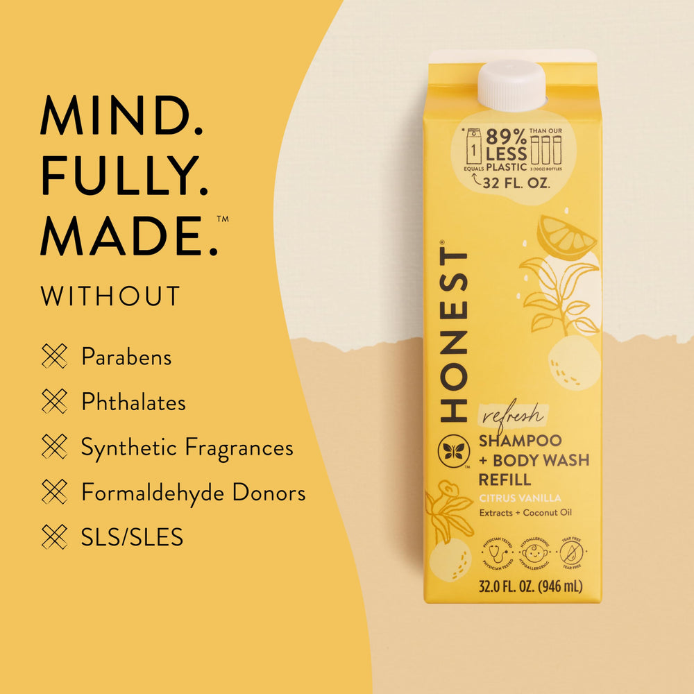 The Honest Company packaging showing tear-free, hypoallergenic formula suitable for baby care.