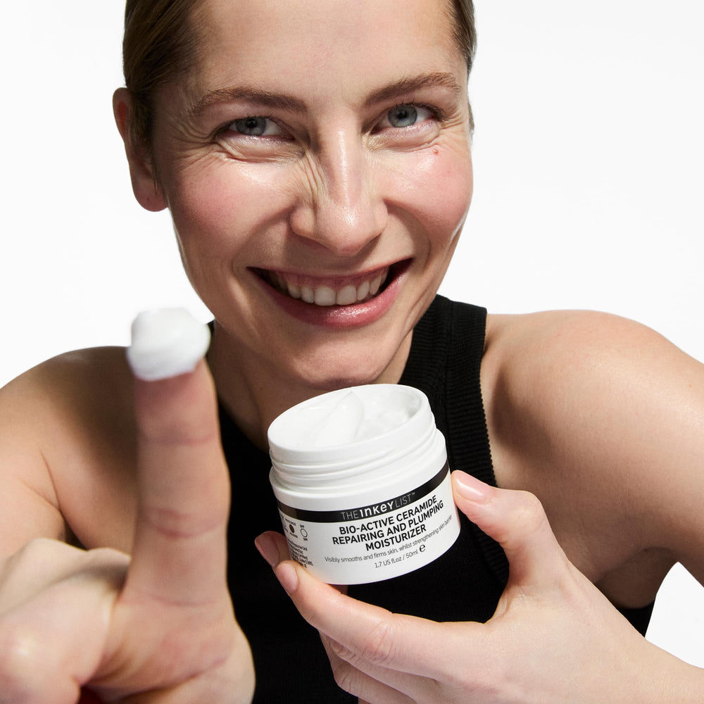 Bio-Active Ceramide Repairing Moisturizer bottle on vanity for daily skincare.