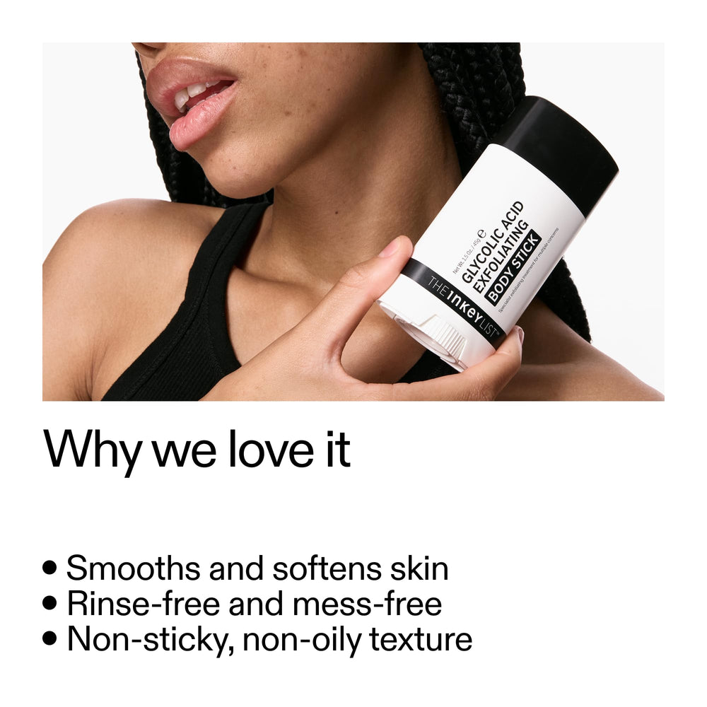 The INKEY List Glycolic Exfoliating Body Stick side profile highlighting texture improvement.