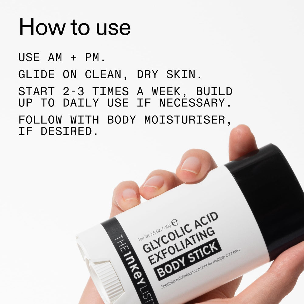 The INKEY List Glycolic Exfoliating Body Stick on textured skin demo.