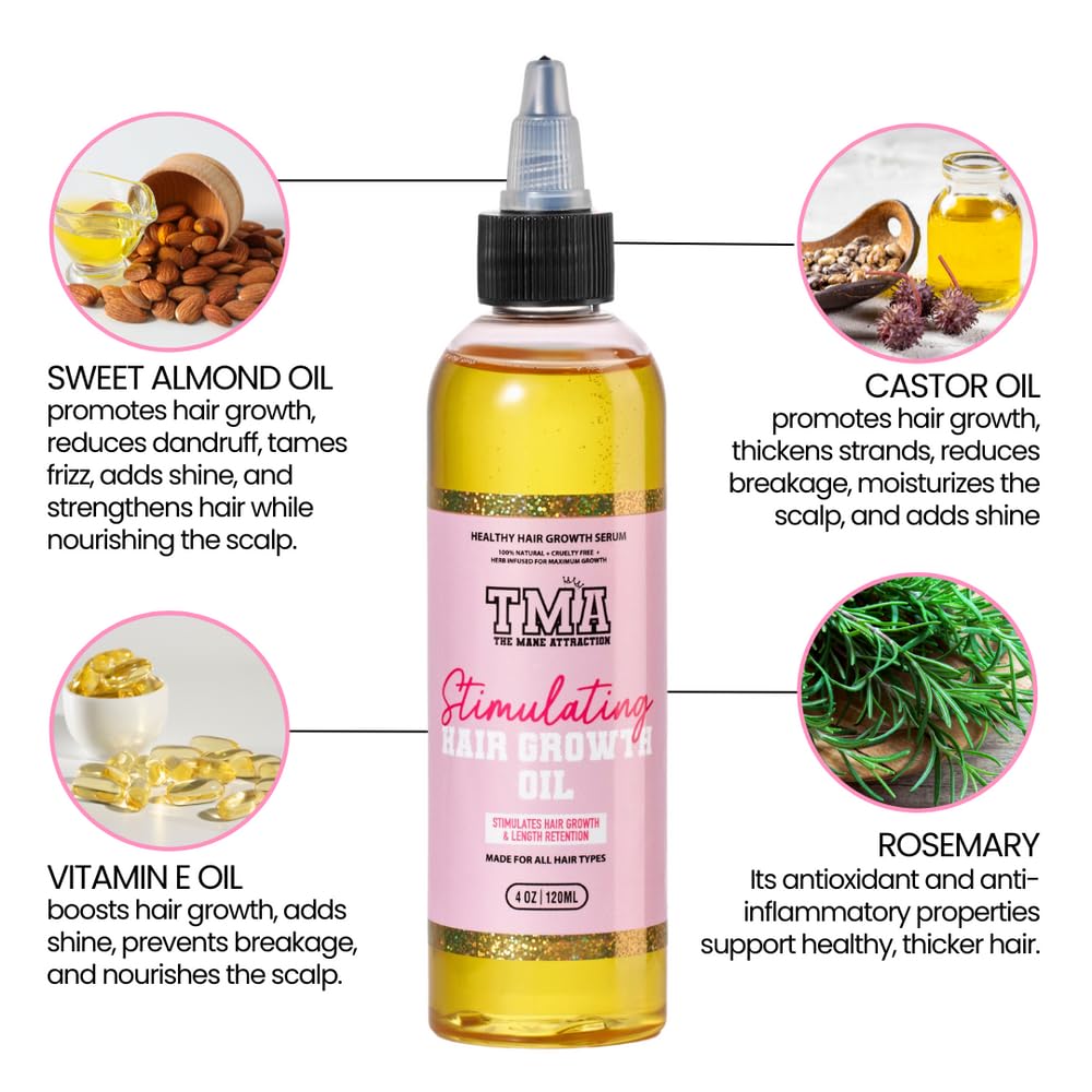 The Mane Attraction ingredients list emphasizes castor, rosemary, and black seed for revitalized roots