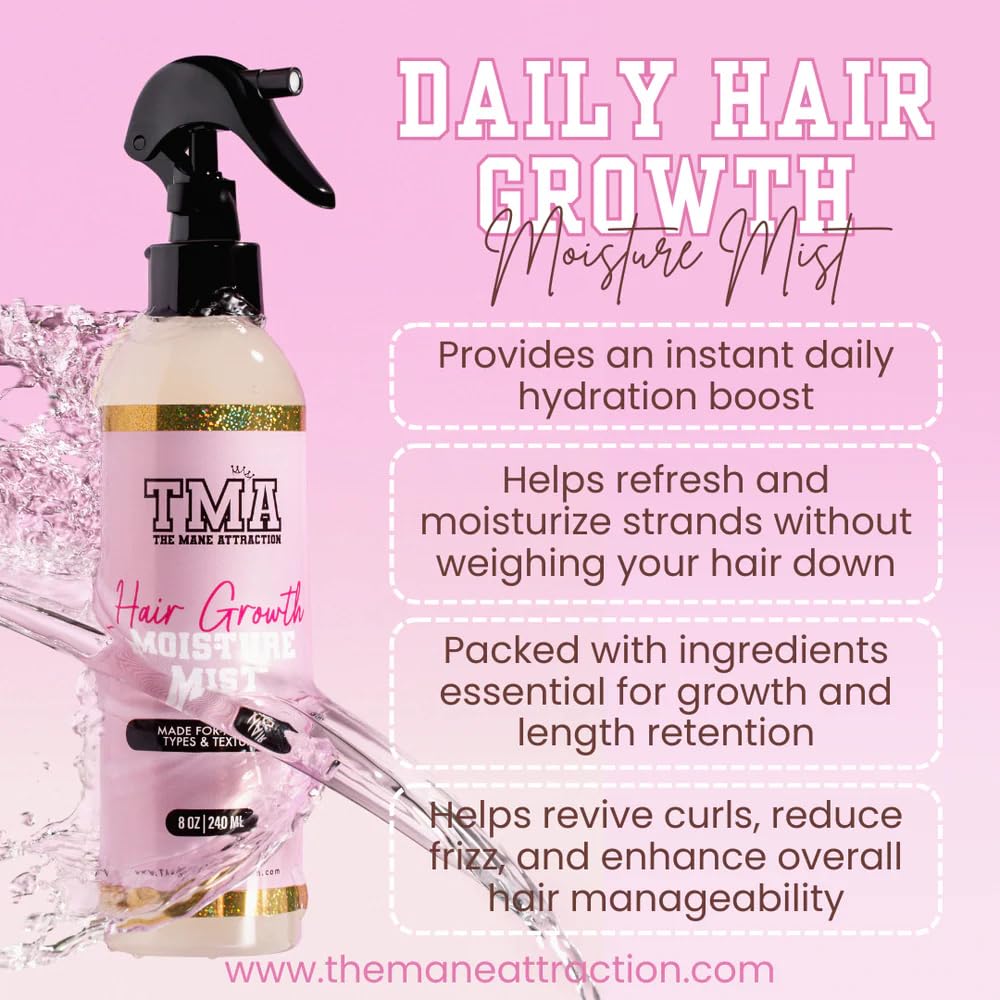 The Mane Attraction Nourishing Daily Hair Growth Moisture Mist highlights aloe vera juice as a key ingredient.