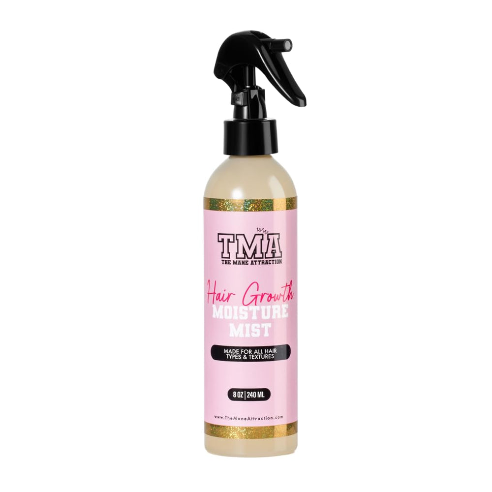 The Mane Attraction Nourishing Daily Hair Growth Moisture Mist bottle pour demonstrates even, lightweight hydration.