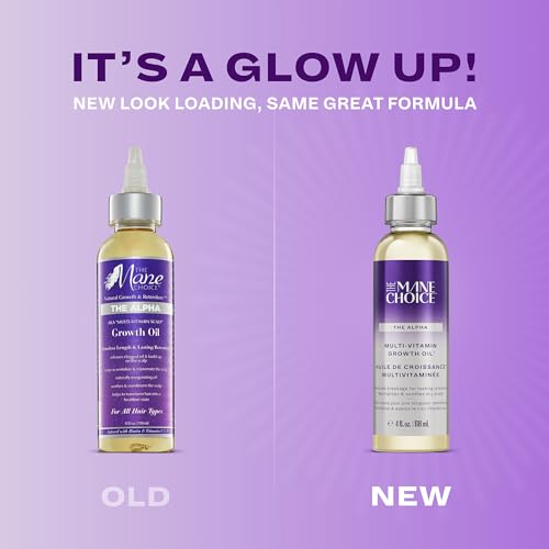Close-up of The Mane Choice Alpha Multi-Vitamin Scalp Nourishing Oil label with vitamins C and biotin