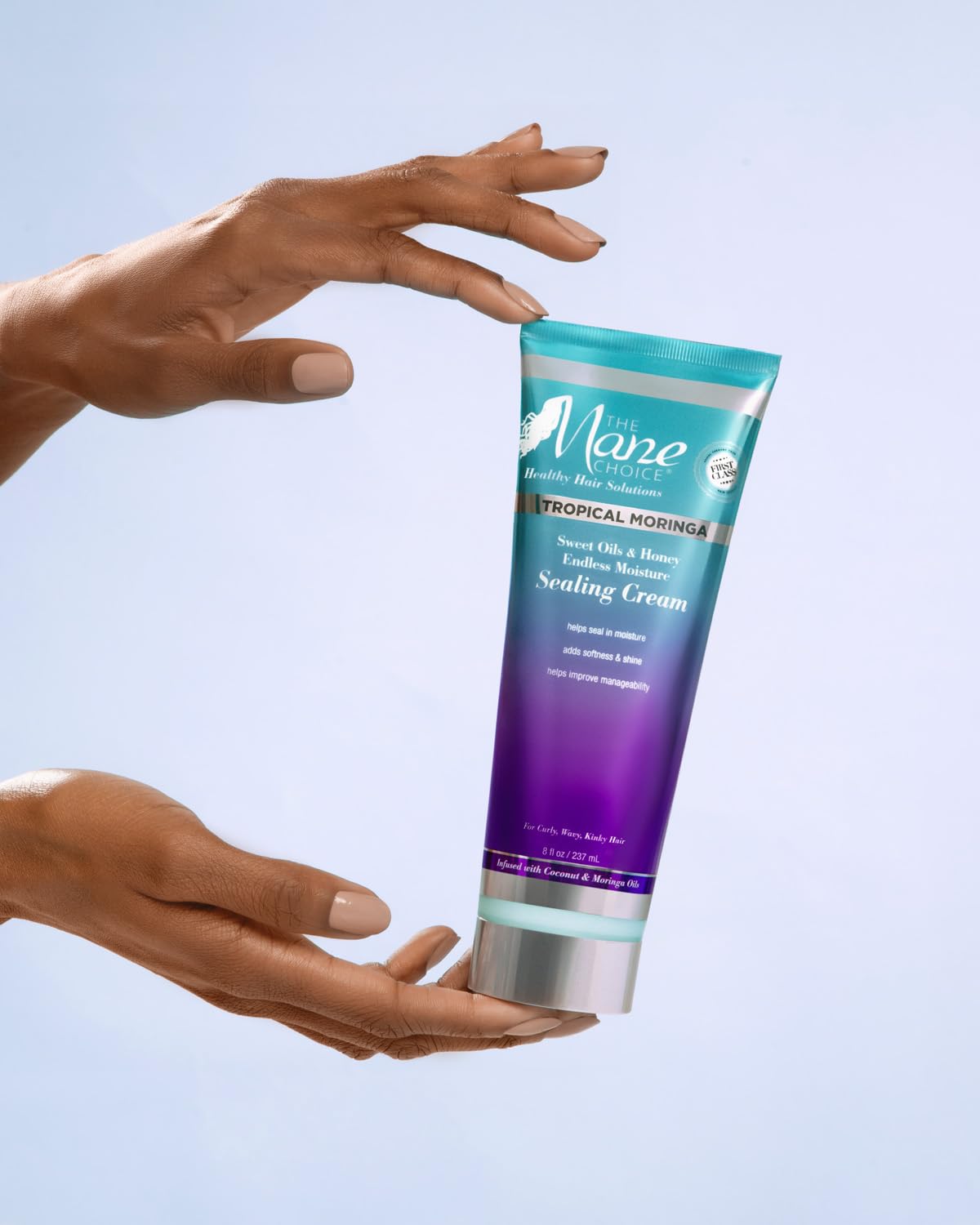 The Mane Choice sealing cream dispense cap image suggests easy, mess-free application.
