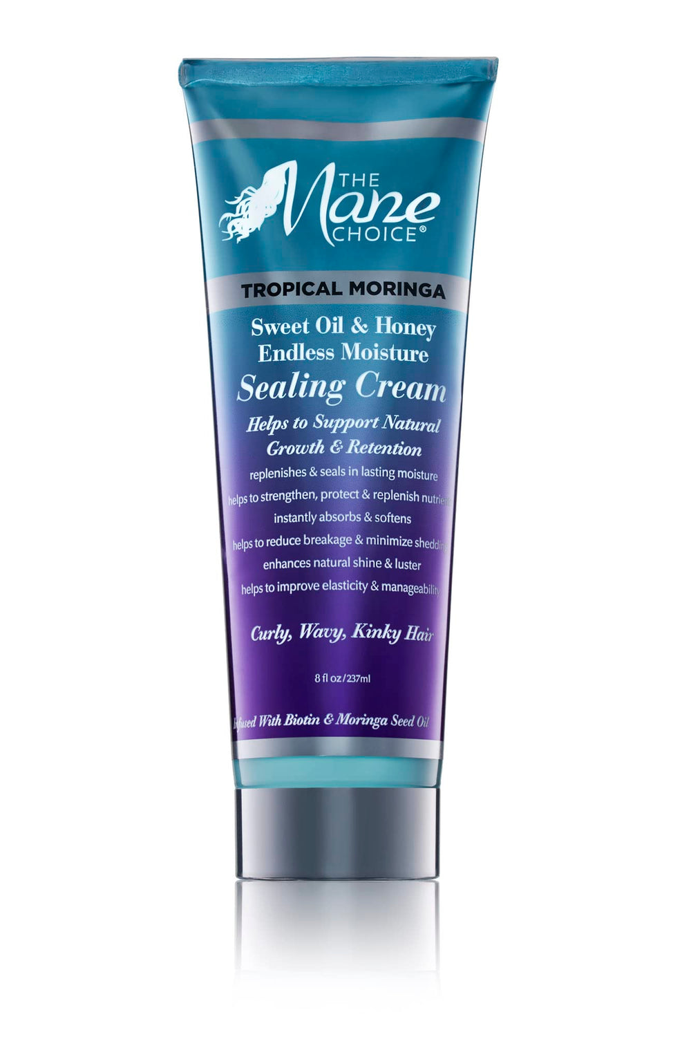 The Mane Choice Tropical Moringa sealing cream jar closeup highlighting rich moisture for curls.