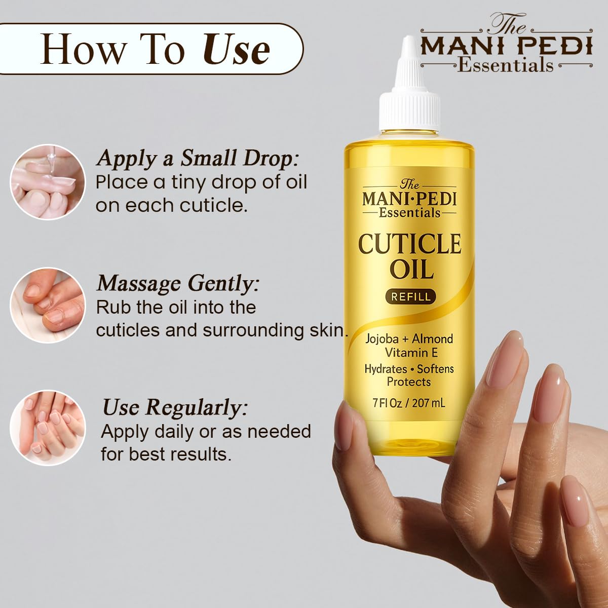 The Mani Pedi Essentials aceite de jojoba brinda hidratación suave para uñas y piel.