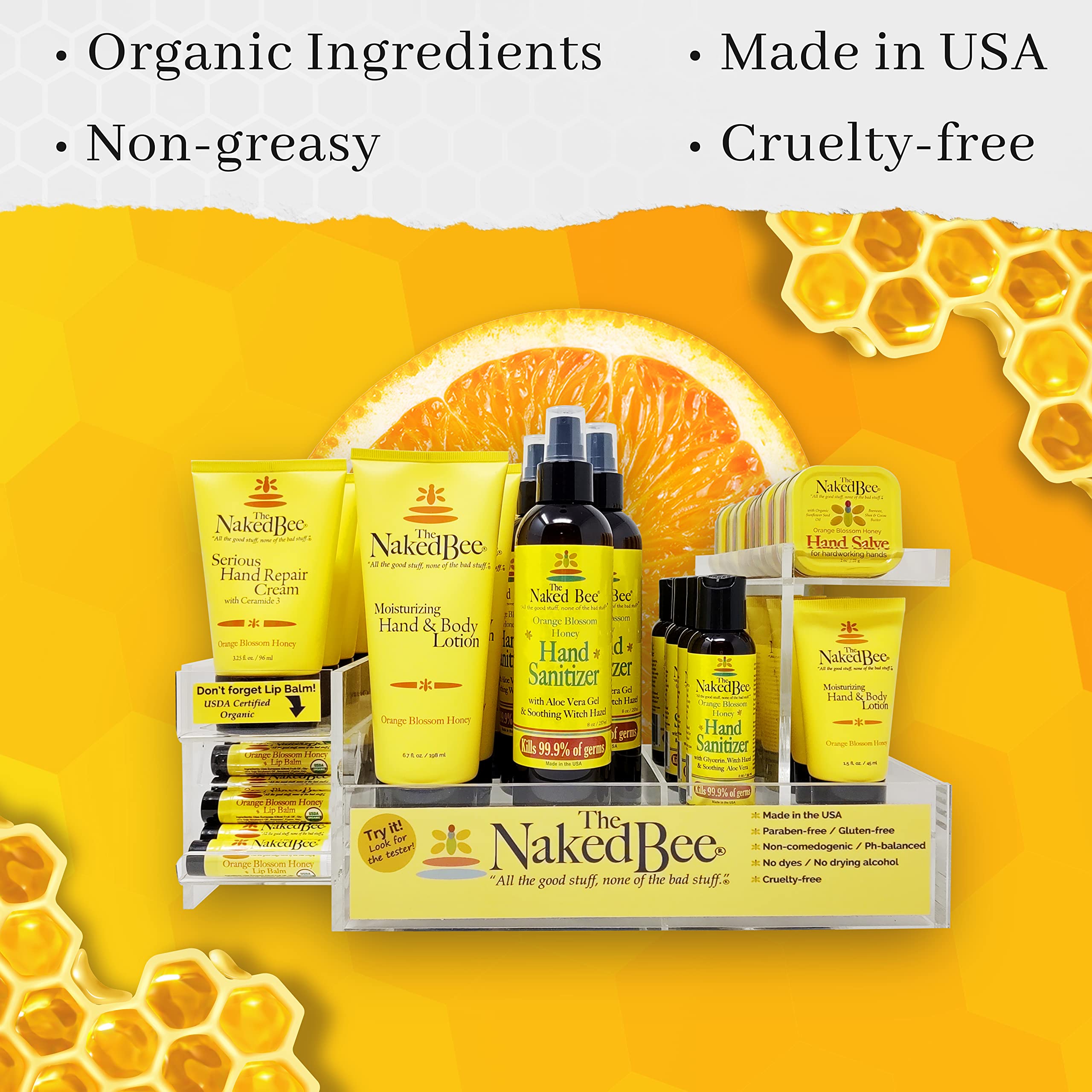 The Naked Bee USA-made ingredients badge on packaging.
