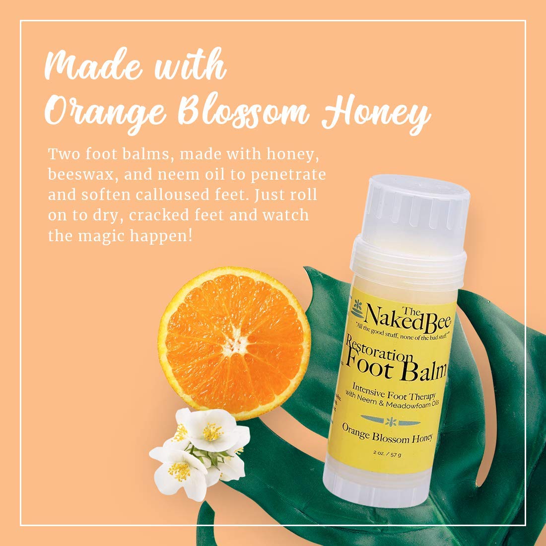 The Naked Bee foot balm roll-on application ready for quick, mess-free smoothing.