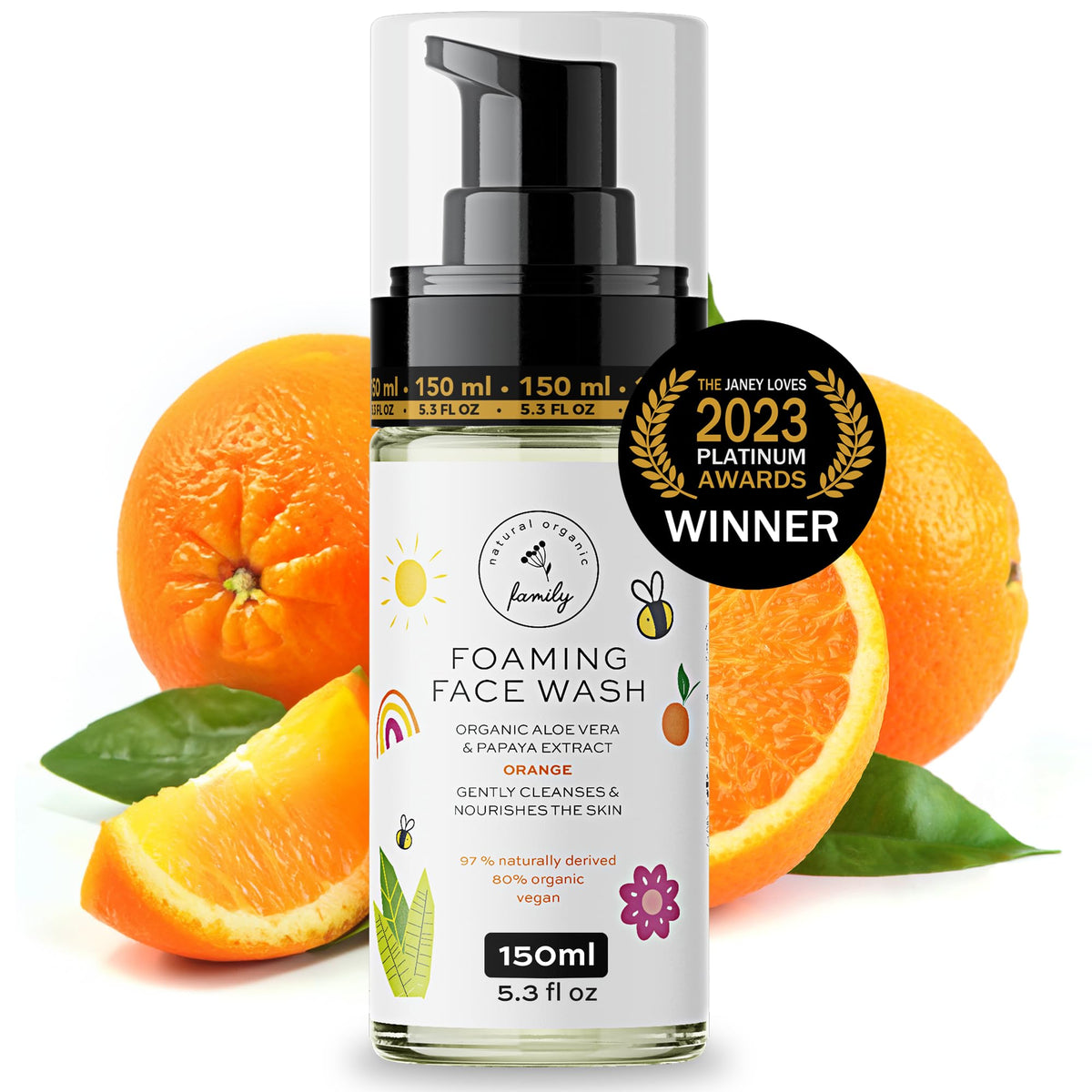 The Natural and Organic Family Kids Foaming Face Wash bottle closeup for gentle cleansing