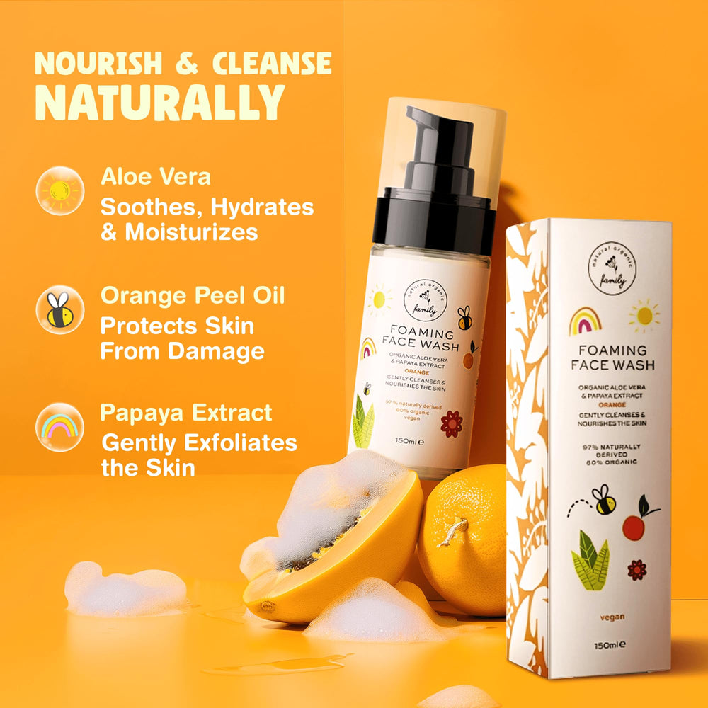 Ingredients chart for The Natural and Organic Family Kids Foaming Face Wash highlighting organic balance