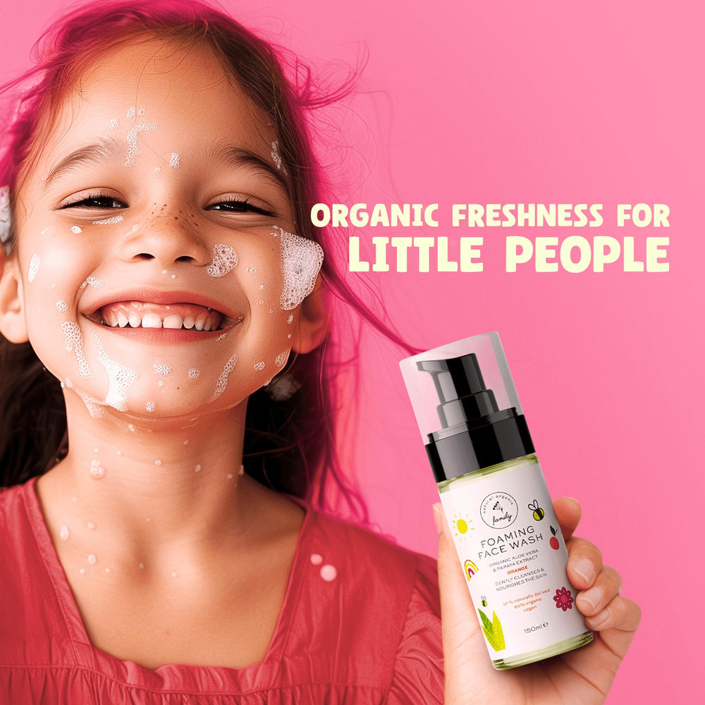 UK-made label close-up on The Natural and Organic Family Kids Foaming Face Wash