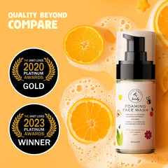 Packaging display of The Natural and Organic Family Kids Foaming Face Wash highlighting UK-made formula