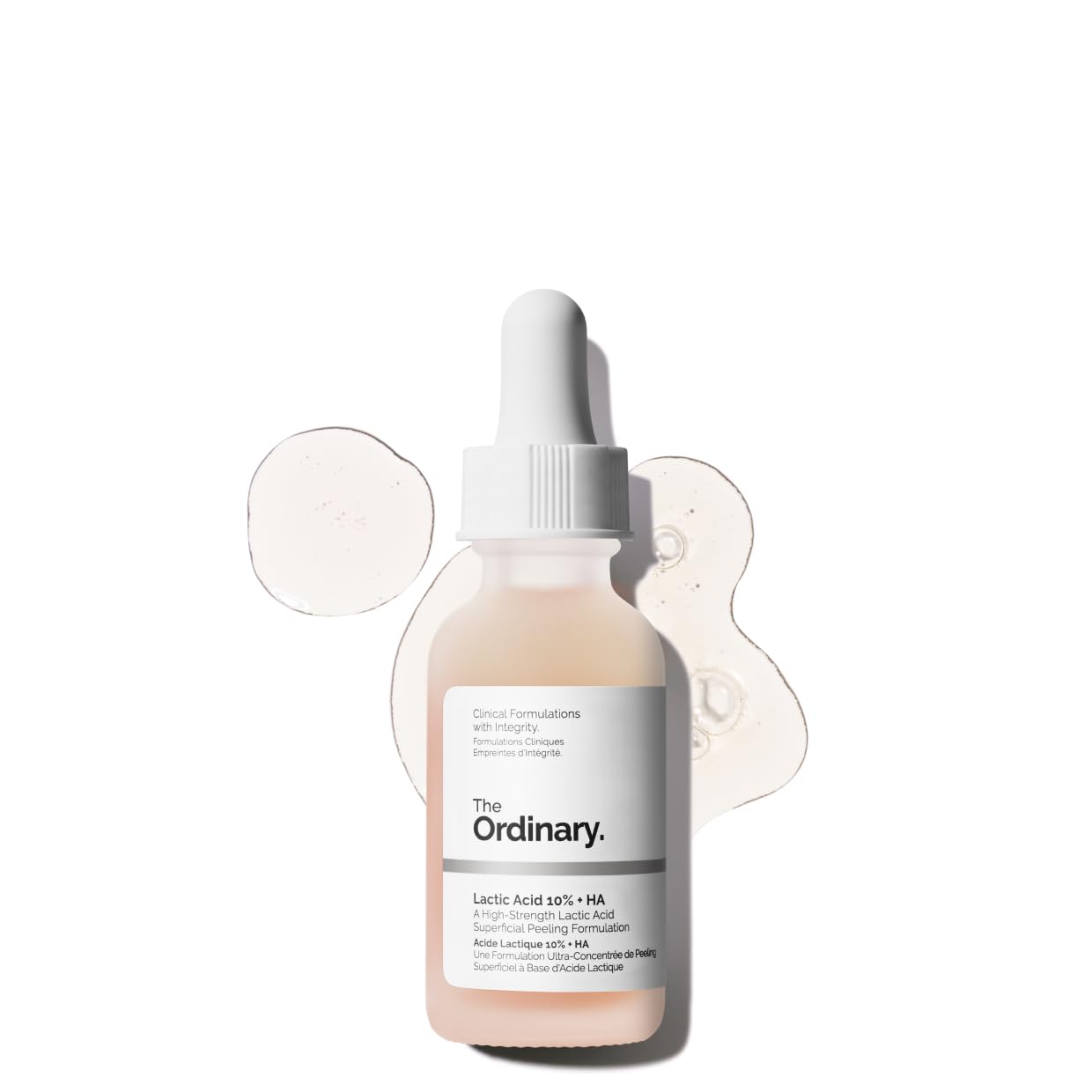 The Ordinary ácido láctico 10% frasco, exfoliación suave para textura más lisa.