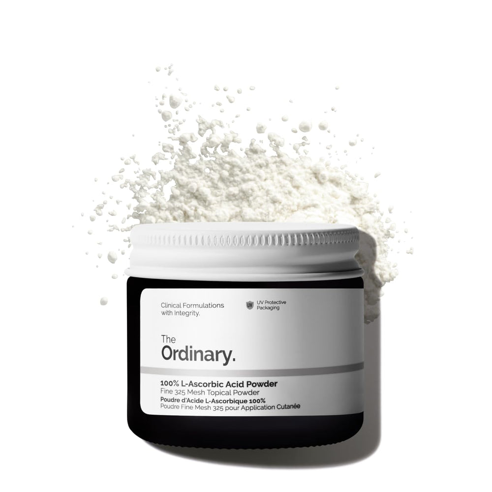 The Ordinary ascorbic acid powder jar close-up for brightening and even skin tone.