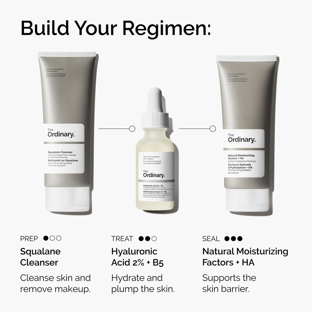 The Ordinary Hyaluronic Acid 2% + B5 packaging highlights ceramides for moisture retention