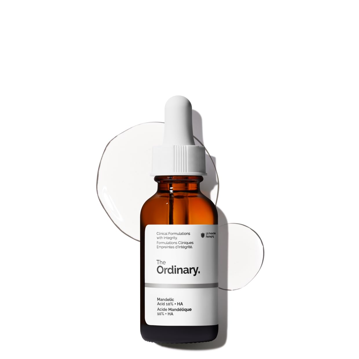 The Ordinary Mandelic Acid 10% + HA, botella vertido, exfoliación suave para claridad de piel.