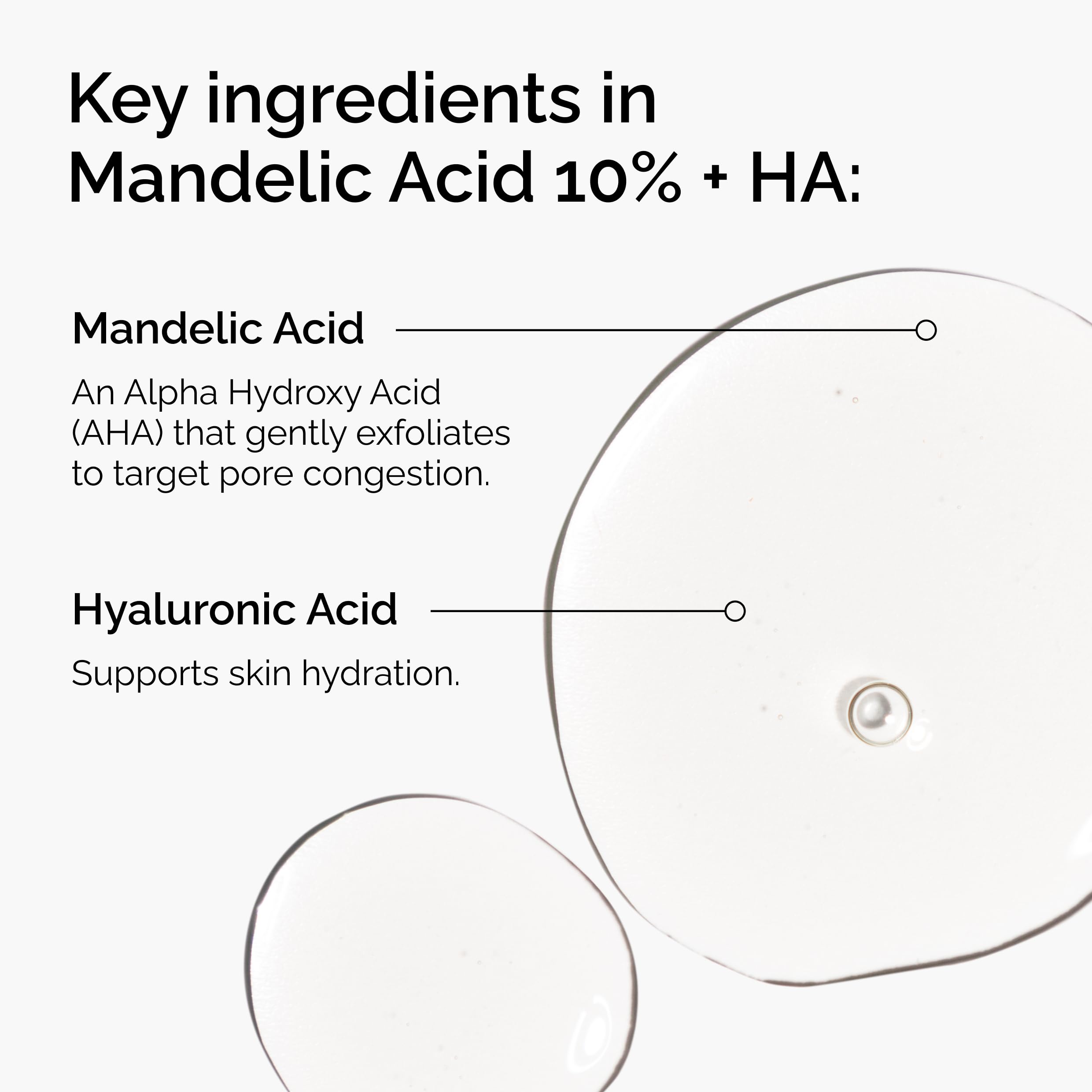 The Ordinary Mandelic Acid 10% + HA, serum en palma, hidratación mientras exfolia suavemente.