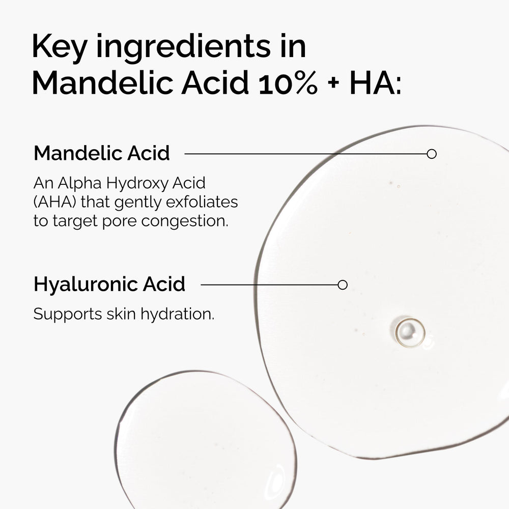 The Ordinary Mandelic Acid 10% + HA, serum en palma, hidratación mientras exfolia suavemente.