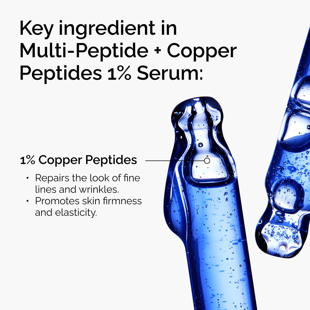 The Ordinary Multi-Peptide and Copper Peptides 1% serum drop on skin, suggesting targeted smoothing.