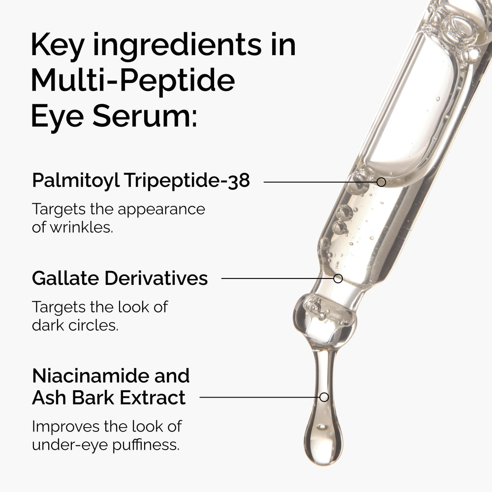 The Ordinary Multi-Peptide Eye Serum close-up highlights brighter under-eye area.