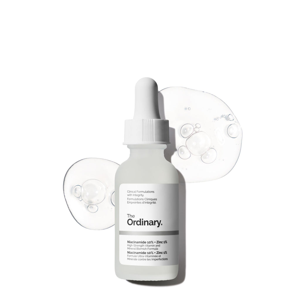 The Ordinary Niacinamide 10% + Zinc 1% serum bottle for lightweight hydration and brightening.