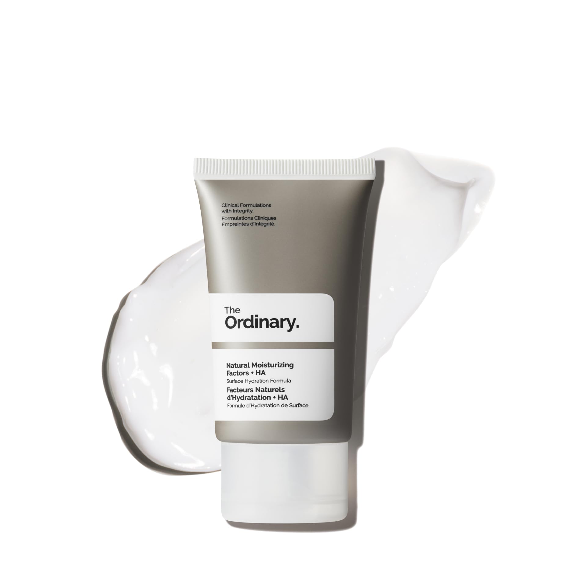 The Ordinary Natural Moisturizing Factors and Hyaluronic Acid bottle close-up for lightweight hydration.