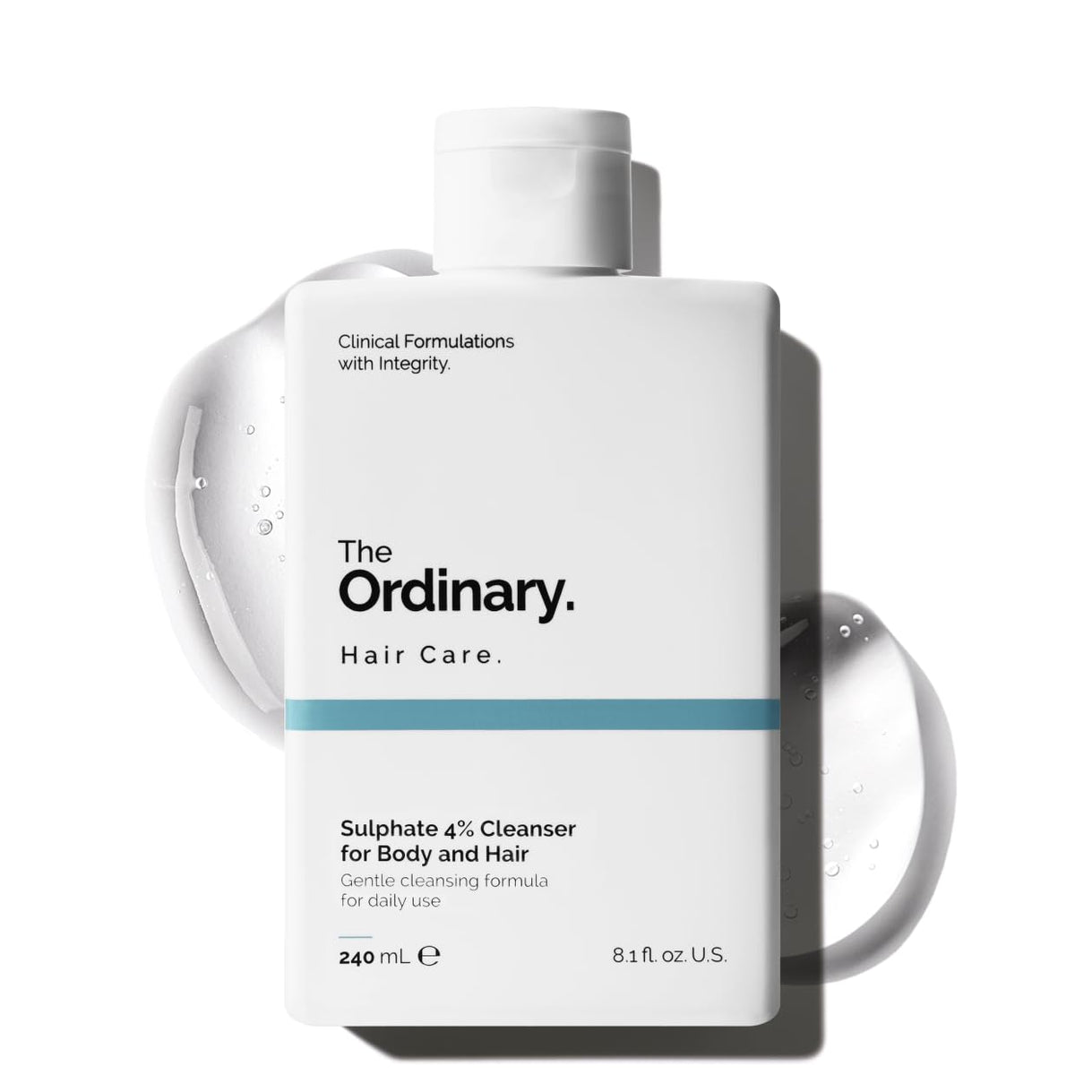 The Ordinary Sulphate 4% Cleanser: botella vertiendo, limpieza suave para pelo y piel.
