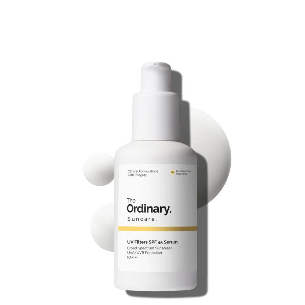 The Ordinary UV Filters SPF 45 Serum ofrece protección UVA/UVB y textura ligera para uso diario.