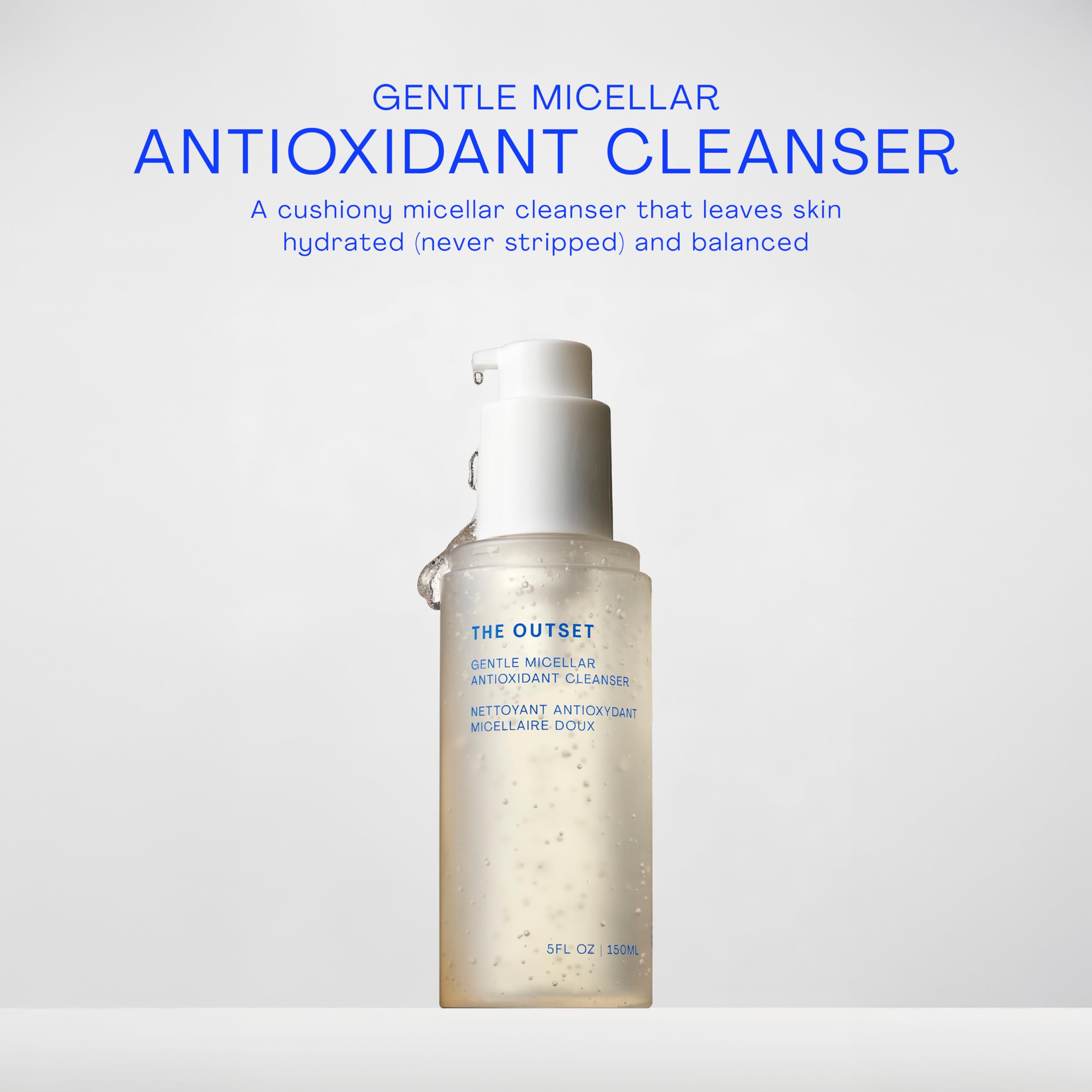 The Outset gel texture close-up showing soft foam for gentle cleansing